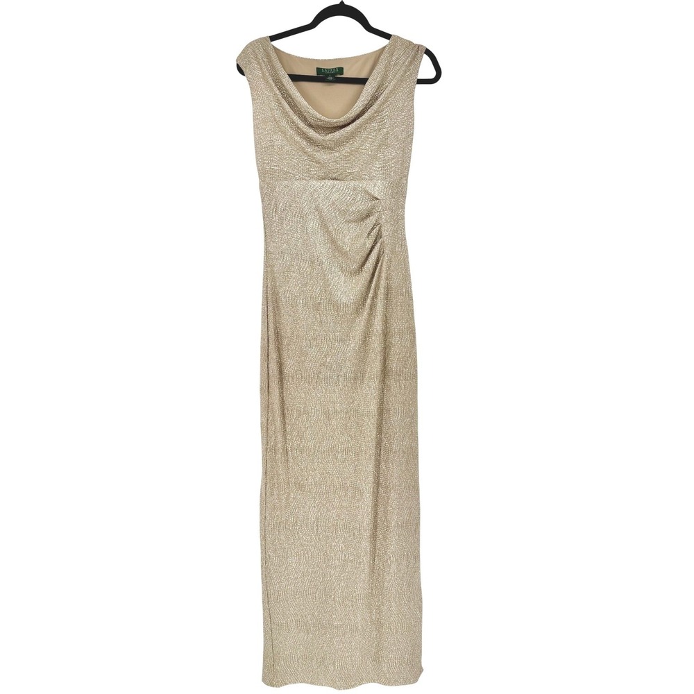 Lauren Ralph Lauren Metallic Ruched Cowl Neck Maxi Dress Evening Formal Gold 4